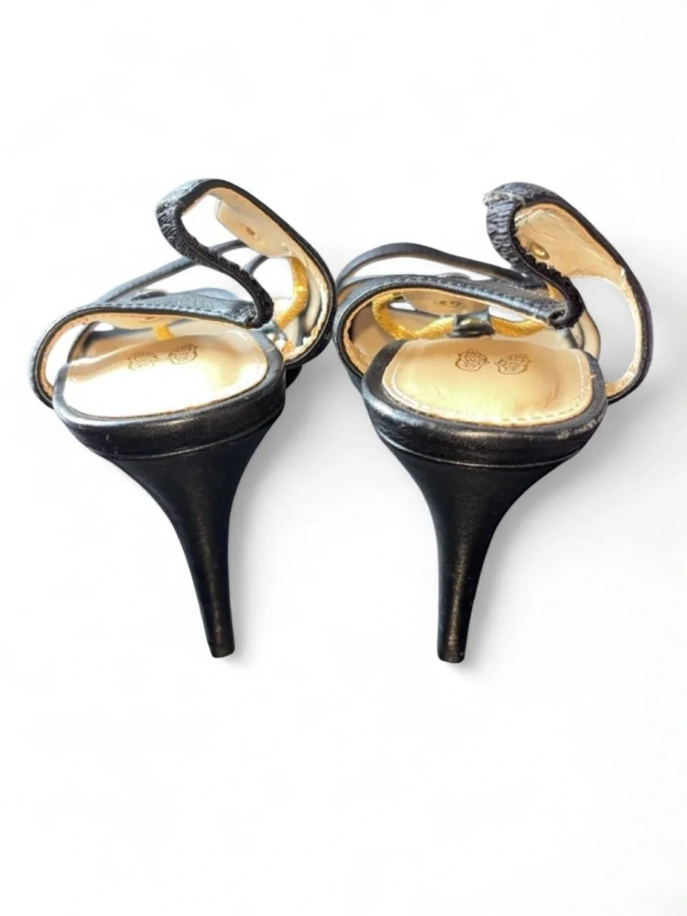 Victoria’s Secret Women's Black T-Strap Heels with Gold Chain Detail
